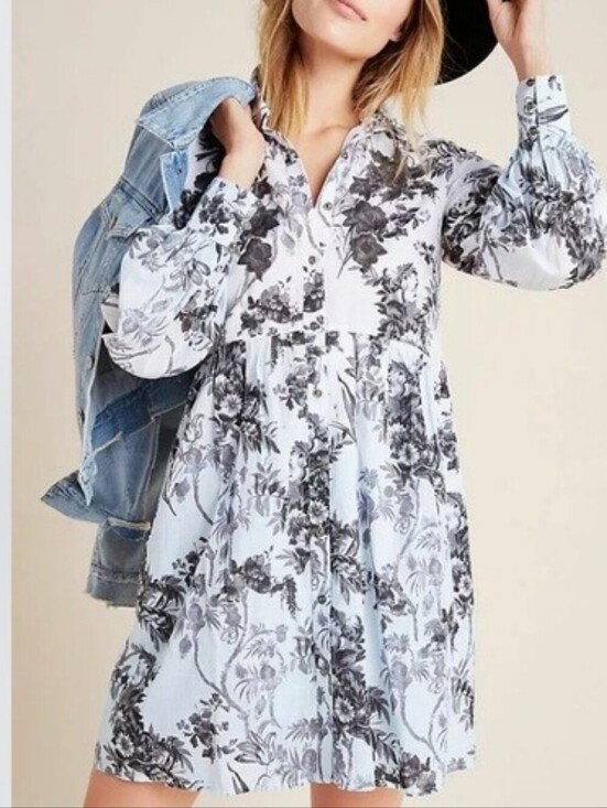 Anthropologie Dresses & Skirts - Anthropologie Pale Blue and White Black Floral Embroidery Tiered Shirt Dress-0
